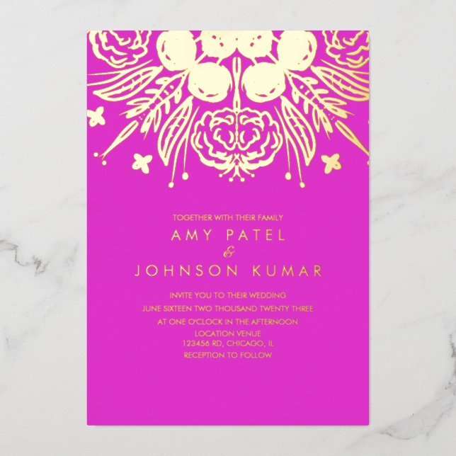 Indian Hindu Hand Drawn  Wedding Pressed   Foil Invitation (Front)