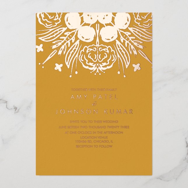 Indian Hindu Hand Drawn  Wedding Pressed   Foil Invitation (Front)