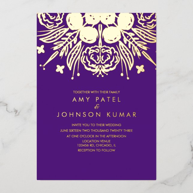 Indian Hindu Hand Drawn  Wedding Pressed   Foil Invitation (Front)