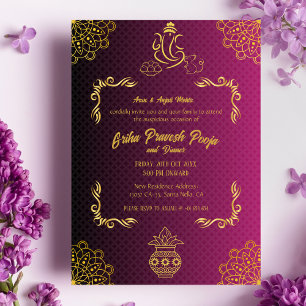 Indian Hindu Housewarming Griha Pravesh Golden Invitation