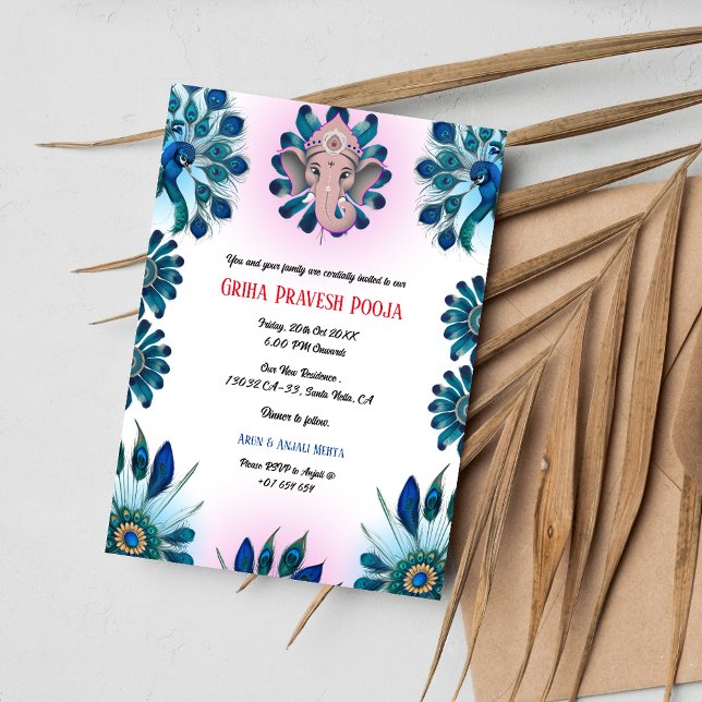 Indian Hindu Housewarming Griha Pravesh Peacock Invitation (Creator Uploaded)