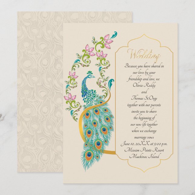 Indian Hindu Peacock Wedding Invitation (Front/Back)