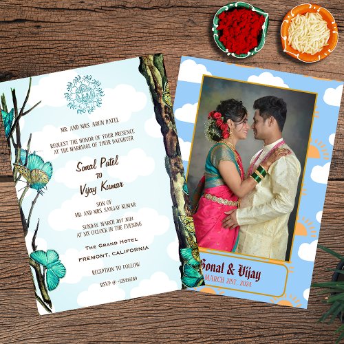 Indian Hindu Wedding Couple Image Butterfly Invitation