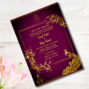 Indian Hindu Wedding Couple Image Golden Peacock Invitation
