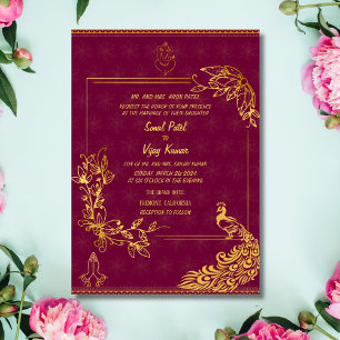 Indian Hindu Wedding Couple Image Golden Peacock Invitation