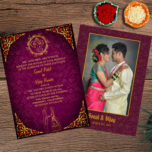 Indian Hindu Wedding Couple Image Golden Peacock Invitation