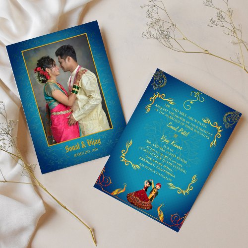 Indian Hindu Wedding Couple Image Golden Peacock Invitation