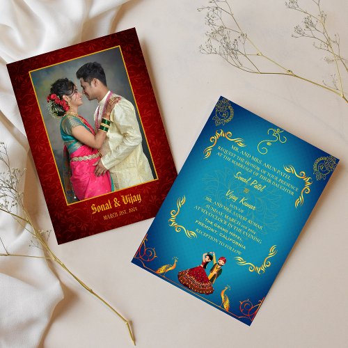 Indian Hindu Wedding Couple Image Golden Peacock Invitation