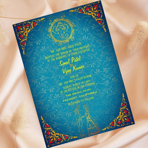 Indian Hindu Wedding Couple Image Teal Golden  Invitation