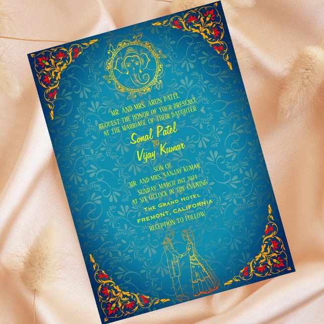 Indian Hindu Wedding Couple Image Teal Golden  Invitation (Creator Uploaded)