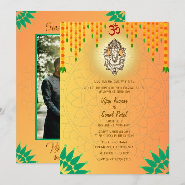 Indian Hindu Wedding Ganesha Custom Image Invitation (Front/Back)