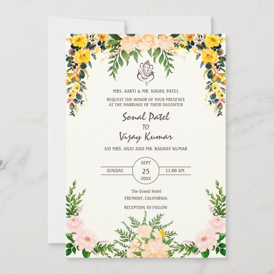 Indian Hindu Wedding Ganesha Logo Floral Invitation - Image 2