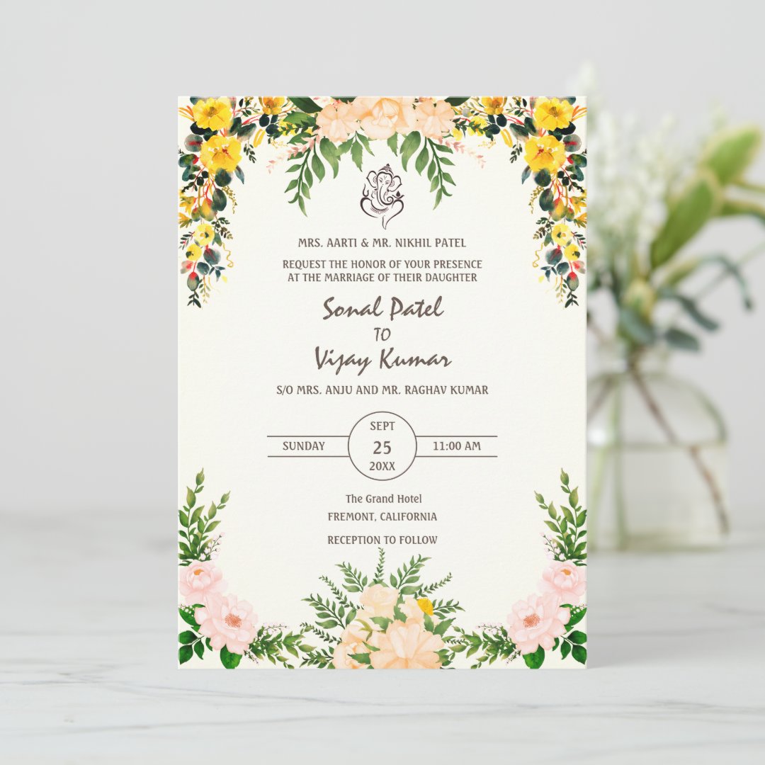 Indian Hindu Wedding Ganesha Logo Floral Invitation - Image 4