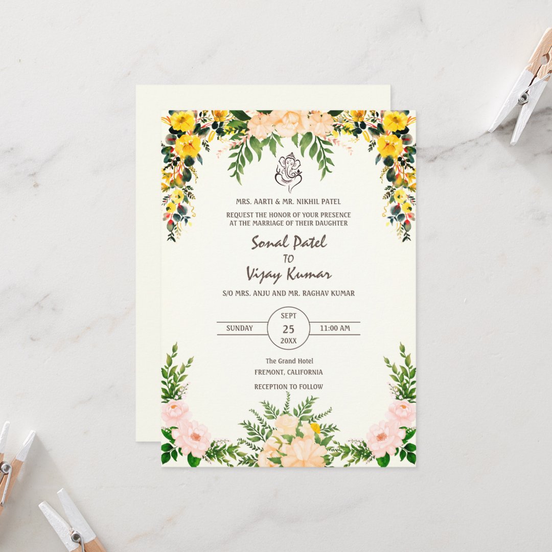Indian Hindu Wedding Ganesha Logo Floral Invitation - Image 6