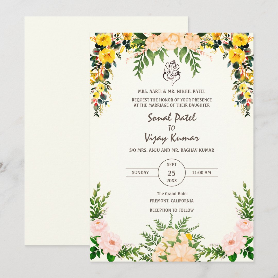 Indian Hindu Wedding Ganesha Logo Floral Invitation - Image 5