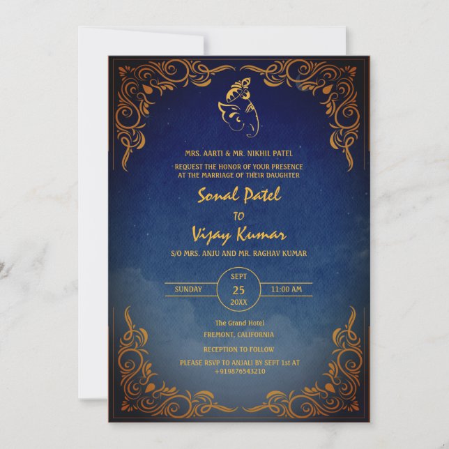 Indian Hindu Wedding Ganesha Logo Golden Elements  Invitation (Front)