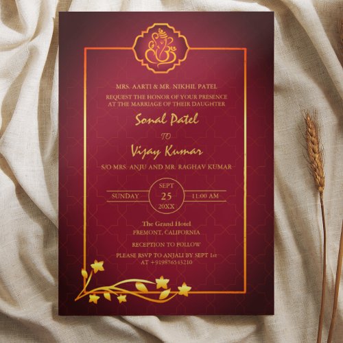 Indian Hindu Wedding Ganesha Logo Golden Elements Invitation