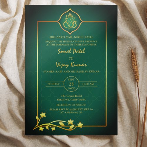 Indian Hindu Wedding Ganesha Logo Golden Elements Invitation