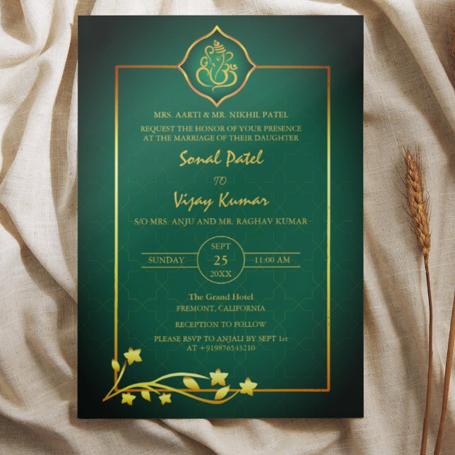 Indian Hindu Wedding Ganesha Logo Golden Elements Invitation (Creator Uploaded)