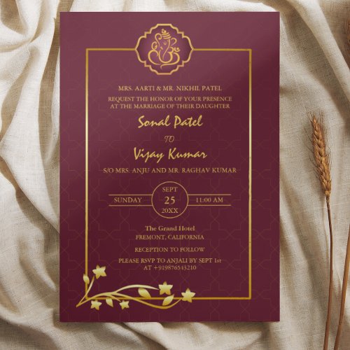Indian Hindu Wedding Ganesha Logo Golden Elements Invitation