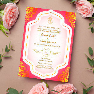 Indian Hindu Wedding Ganesha Logo Golden Elements Invitation