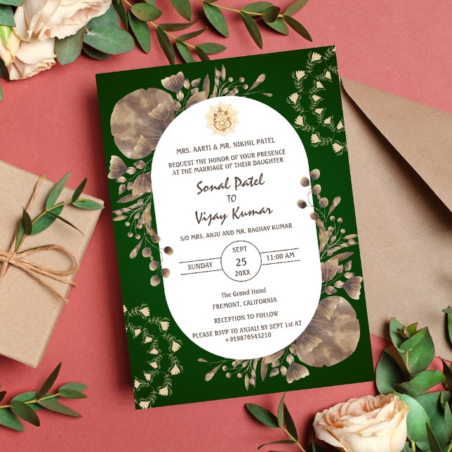 Indian Hindu Wedding Ganesha Logo  Rustic Leaf Invitation (Creator Uploaded)