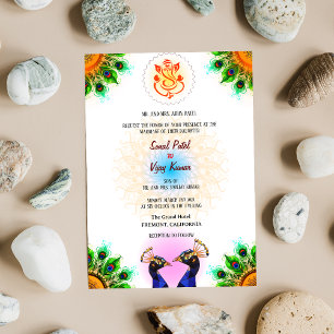 Indian Hindu Wedding Ganesha Peacock Pair White Invitation