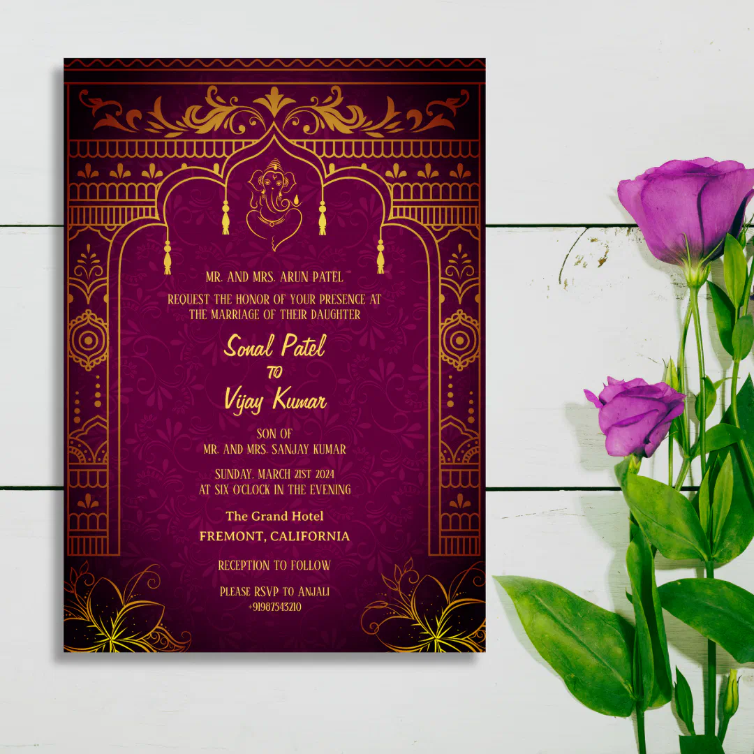 Indian Hindu Wedding Ganesha Royal Golden Invitation - Image 1
