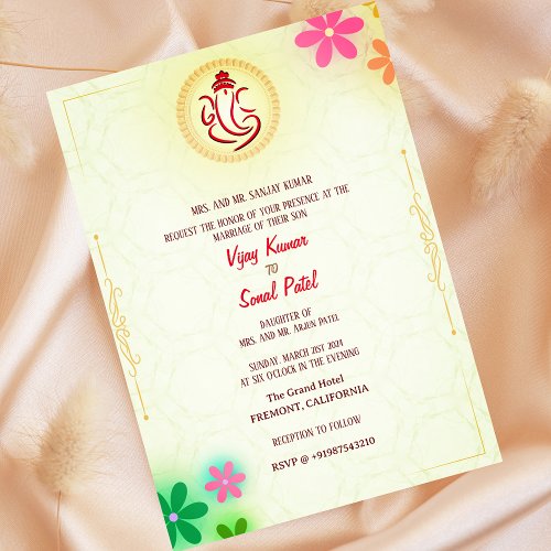 Indian Hindu Wedding Ganesha with Floral Elements Invitation