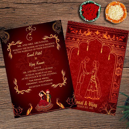 Indian Hindu Wedding Royal Golden Peacock Maroon Invitation