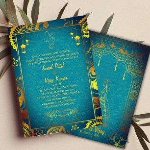 Indian Hindu Wedding with Ganesha Symbol Teal Invitation