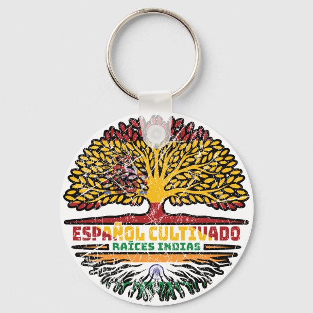 Indian India Spain Spanish Tree Roots Flag Keychain (Front)