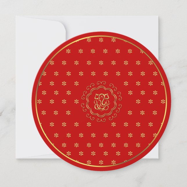 Indian Influence Ganesha Wedding in Red & Gold Invitation (Front)