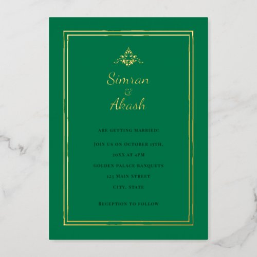 Indian_inspired green ornamental wedding foil invitation