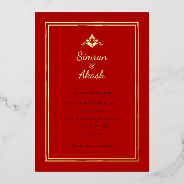 Indian-inspired red minimalistic ornament wedding foil invitation (Front)