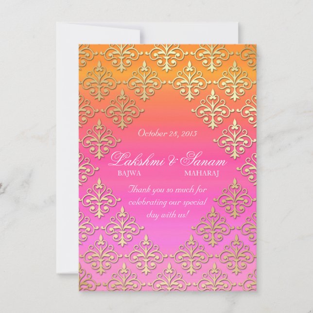 Indian Invite Photo Card Damask Pink Orange Gold (Front)