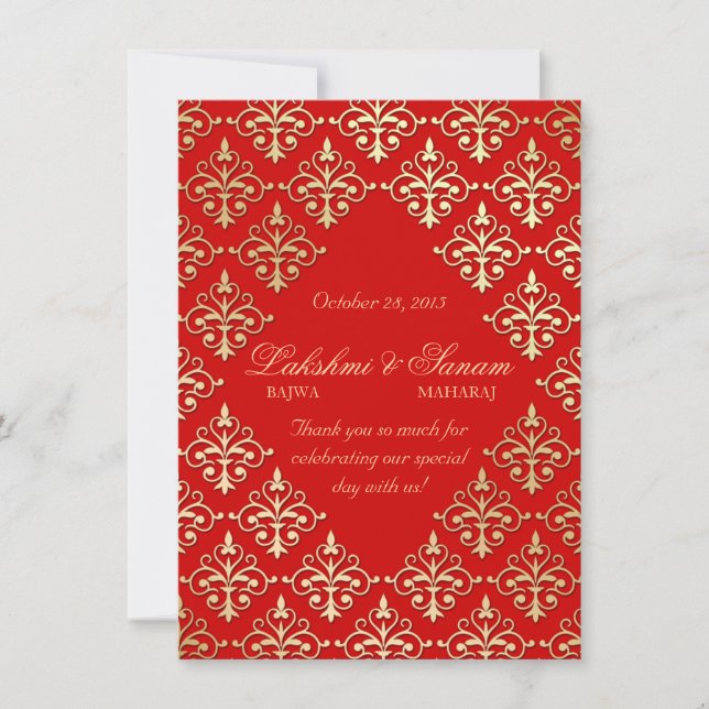 Indian Invite Photo Card Damask Red Gold (Front)