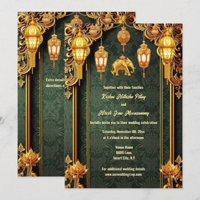 Indian lanterns lotus flower luxurious elephants invitation (Front/Back)