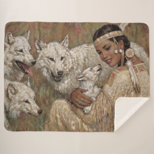 INDIAN MADIEN and WOLVES Sherpa Blanket