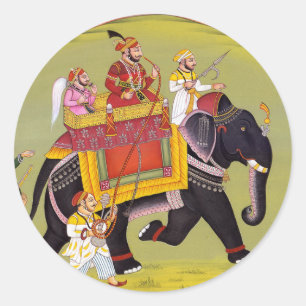 INDIAN MAHARAJA ON ROYAL HUNT RIDING ELEPHANT CLASSIC ROUND STICKER