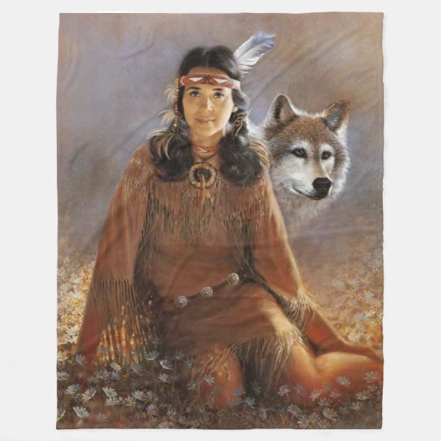 INDIAN MAIDEN and WOLF Fleece Blankets (Front)