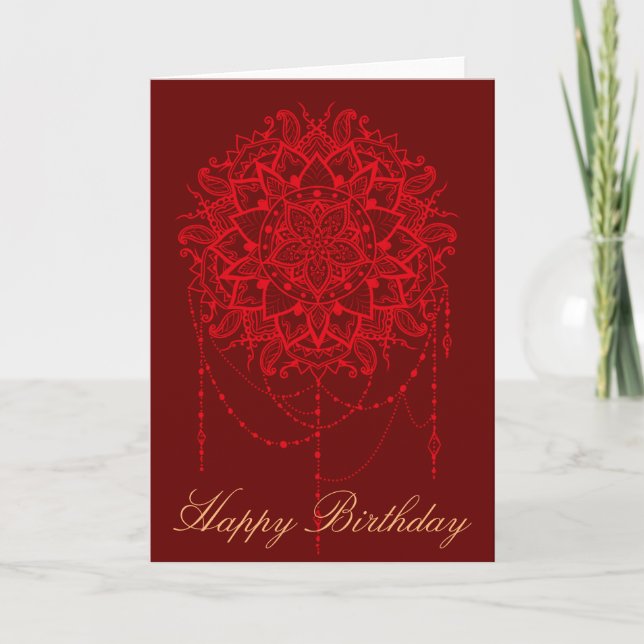 Indian Mandala birthday burgundy art Card (Front)