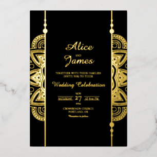 Indian Mandala Elegant Black Gold Foil Wedding Invitation