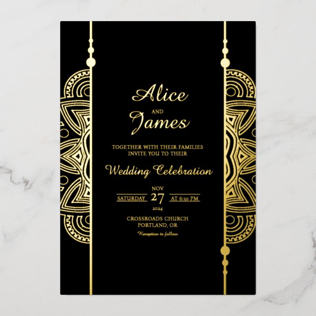 Indian Mandala Elegant Black Gold Foil Wedding Invitation (Front)