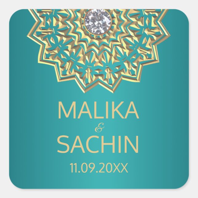 Indian Mandala Flower TEAL Gold Wedding Seals (Front)