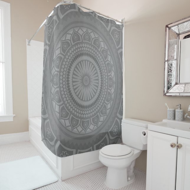 Indian mandala Orange in Grey Shower Curtain (In Situ)