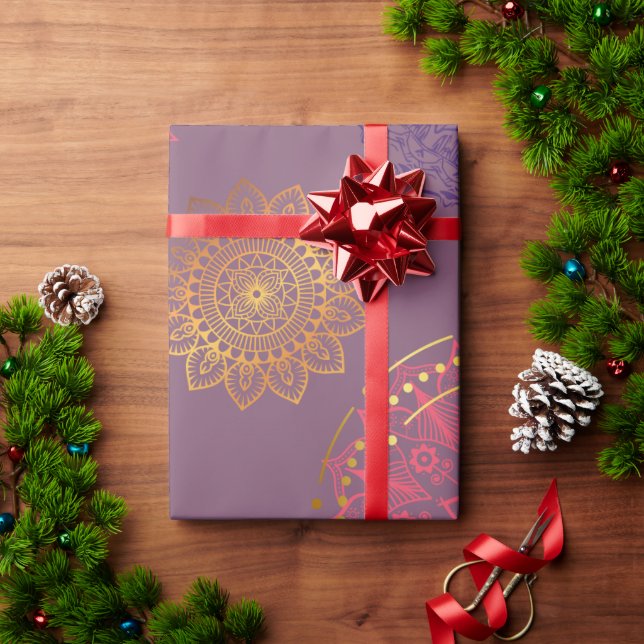 indian mandala purple with gold wrapping paper (Holiday Gift)