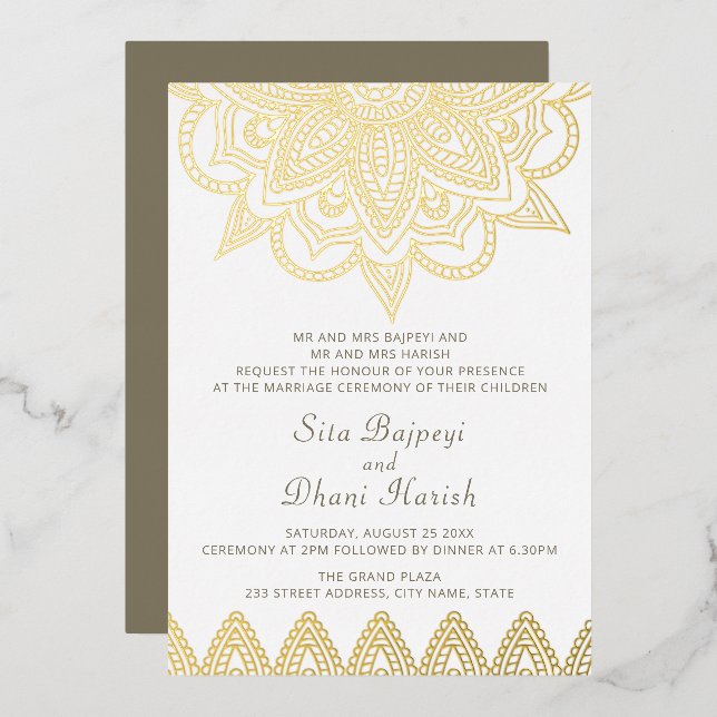 Indian Mehndi Hindu Elegant Stylish Wedding Gold Foil Invitation (Front/Back)