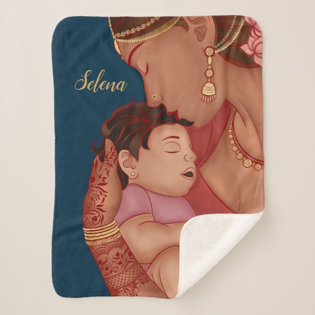 Indian mother holding her baby with henna sherpa blanket (Front)