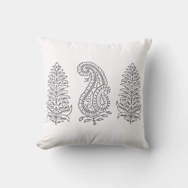 Indian Motif Handblock Print Gray on White Throw Pillow (Front)
